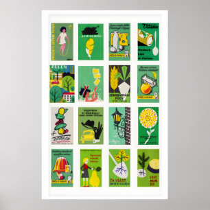 Green and Yellow Matchbox Label Collage, sunny Poster