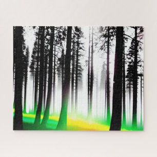 Green and Yellow Mist in Black Silhouette Forest Jigsaw Puzzle