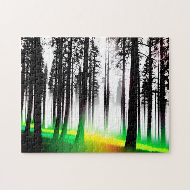 Green and Yellow Mist in Black Silhouette Forest Jigsaw Puzzle (Horizontal)