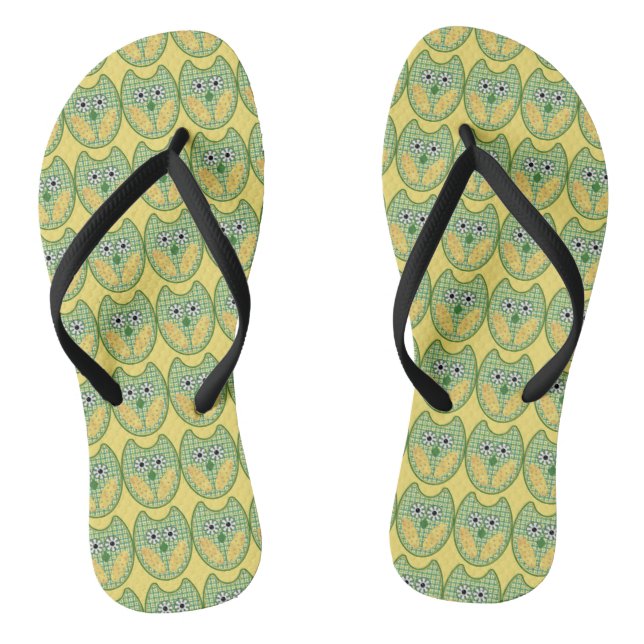 Green And Yellow Owl Flip Flops (Footbed)
