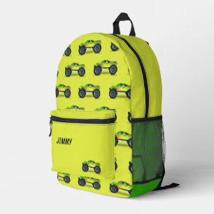 Green and yellow personised monster truck printed backpack