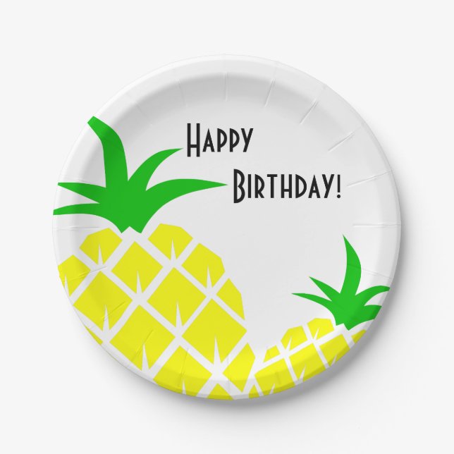 Green and Yellow Pineapples Happy Birthday Paper Plate (Front)