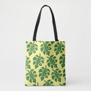 Green and Yellow Tropical Monstera Leaves Pattern Tote Bag