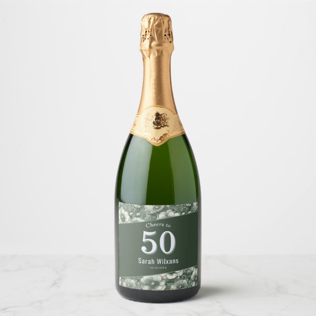Green Anemones Theme Milestone Birthday Custom Sparkling Wine Label (Front)