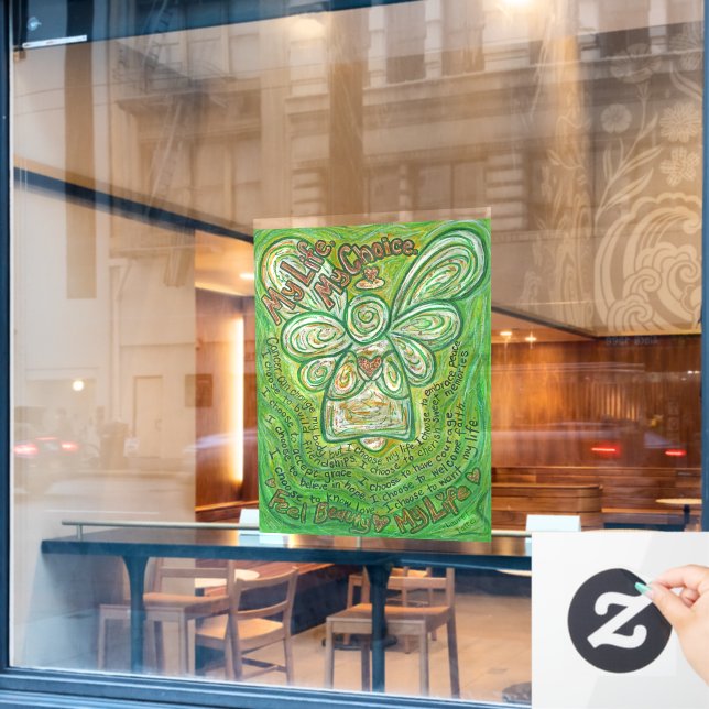 Green Angel with Cancer Poem Art Window Cling (Cafe Window)