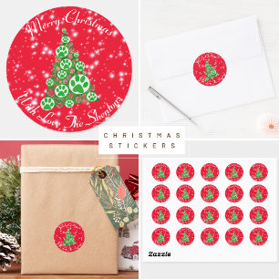 Green Animal Paw Silhouette Christmas Tree Red Classic Round Sticker