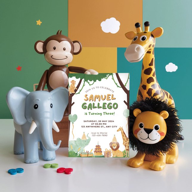 Green Animal Safari Watercolor Birthday Invitation (Creator Uploaded)
