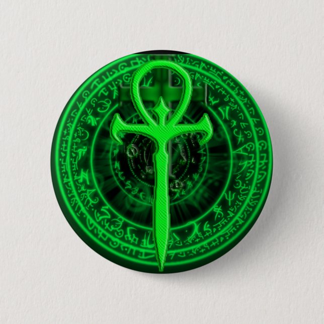 Green ankh 6 cm round badge (Front)