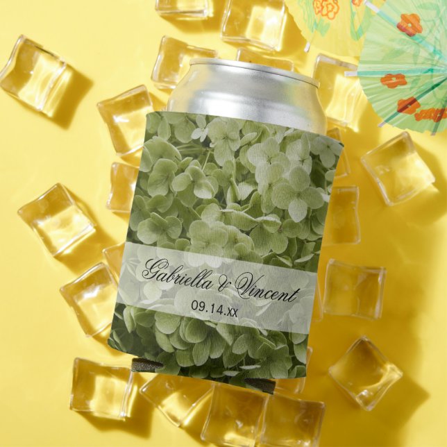 Green Annabelle Hydrangea Floral Wedding Favours Can Cooler (In Situ Summer)