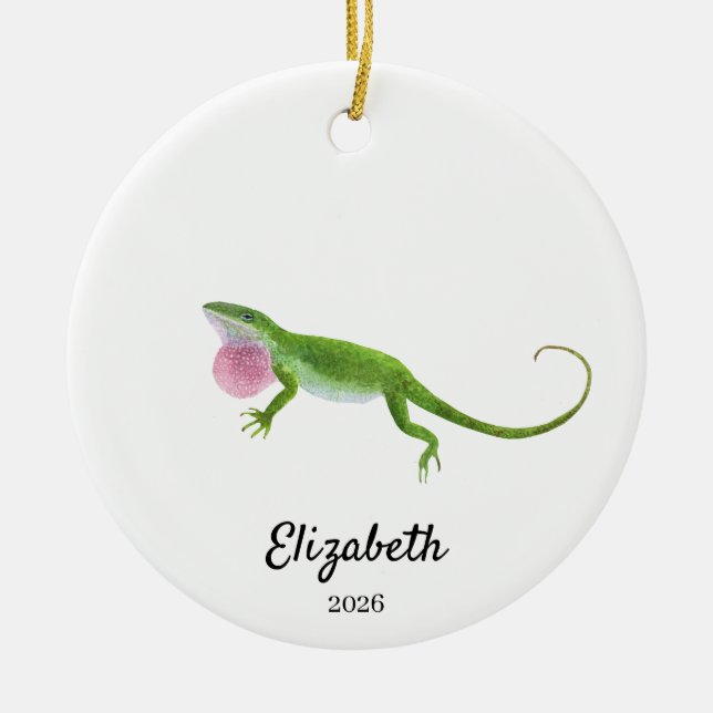 Green Anole Ornament,Custom Christmas Keepsake Ceramic Tree Decoration (Front)