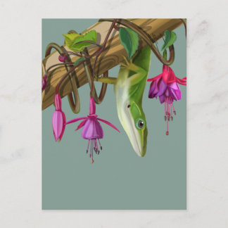 Green anole with Fuchsias  Postcard
