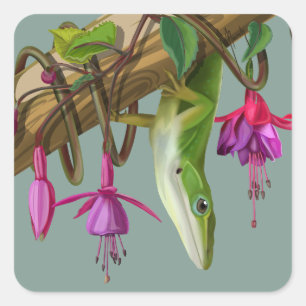 Green anole with Fuchsias Square Sticker