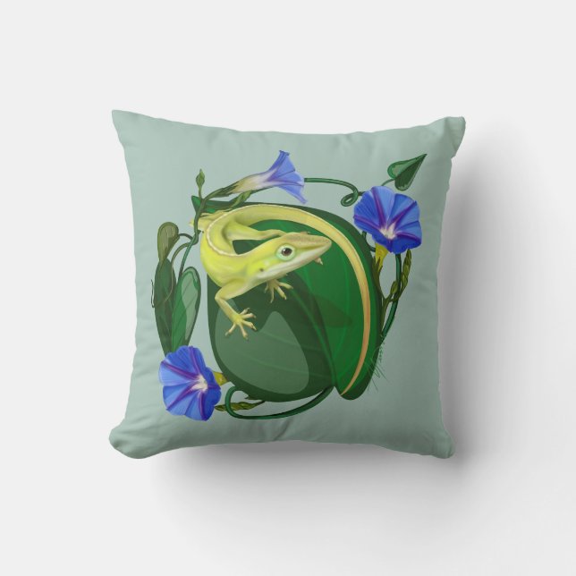 Green Anole with Morning Glory  Cushion (Front)