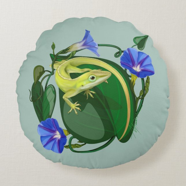 Green Anole with Morning Glory  Round Cushion (Front)