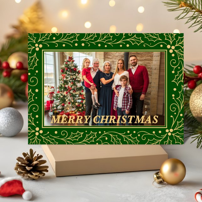 Green & Antique-Gold Family Christmas Photo Holiday Card (Creator Uploaded)