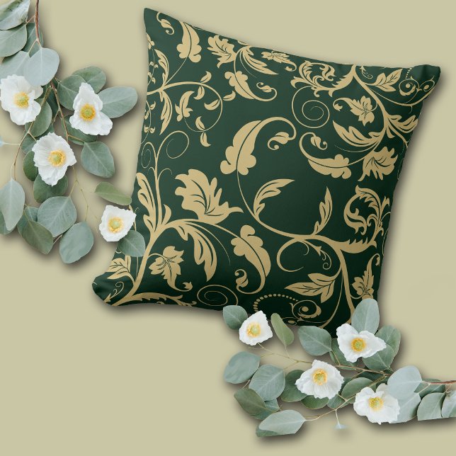 Green Antique Gold Retro Leaf Swirl Cushion (Creator Uploaded)