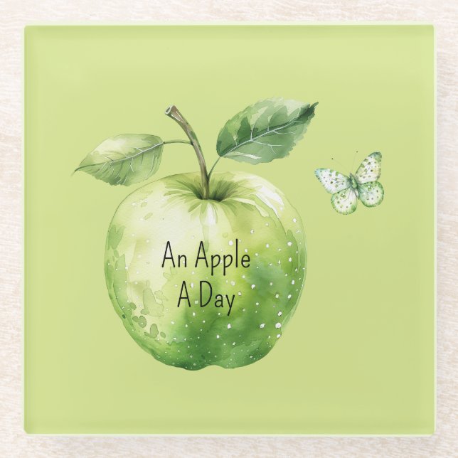 Green Apple A Day Butterfly Glass Coaster (Front)