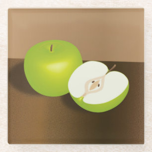 Green Apple-and-a-Half Still Life Glass Coaster
