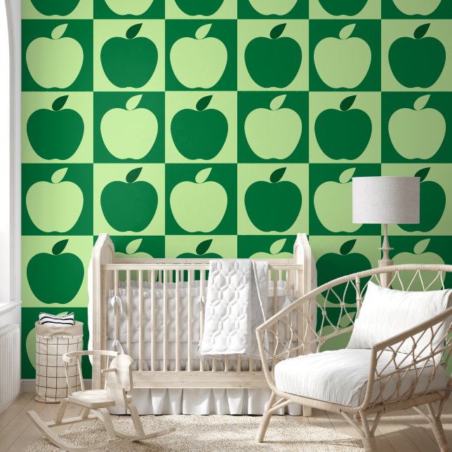 Green Apple Fruit Pattern Kids Nursery Room Wallpaper (Kids)