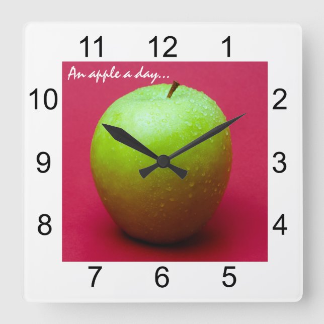 Green apple on red background square wall clock (Front)