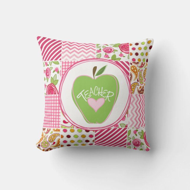 Green Apple & Patchwork Inpsired Teacher Pillow (Front)