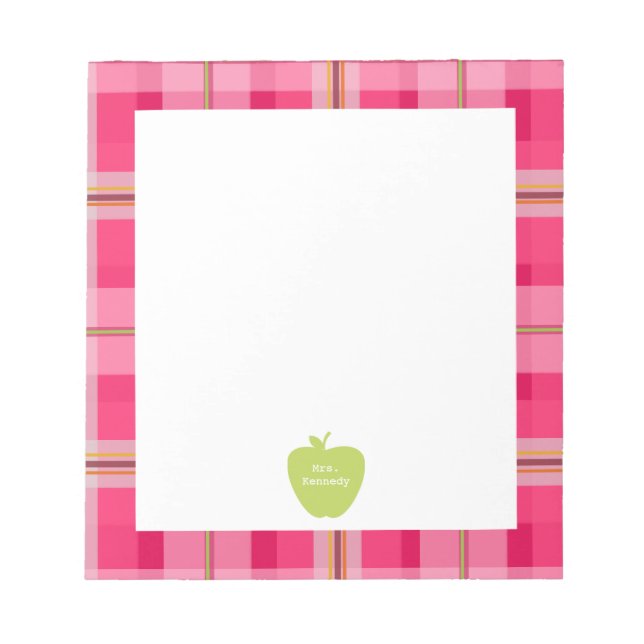 Green Apple Pink Plaid Teacher Notepad (Front)