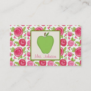 Green Apple & Pink Roses Teacher Business Card