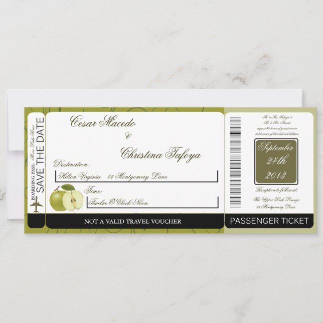 Green Apple Swirl Boarding Pass Wedding Invitation (Front)