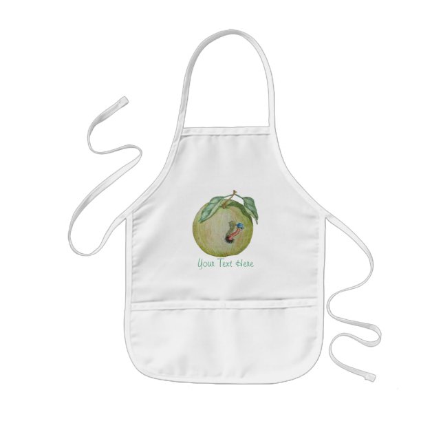 Green apple with funny maggot in hat illustration kids apron (Front)