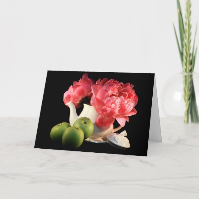 Green Apples And Peonies Greeting Cards (Front)