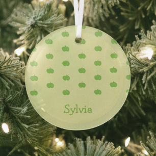 Green apples pattern monogram glass tree decoration