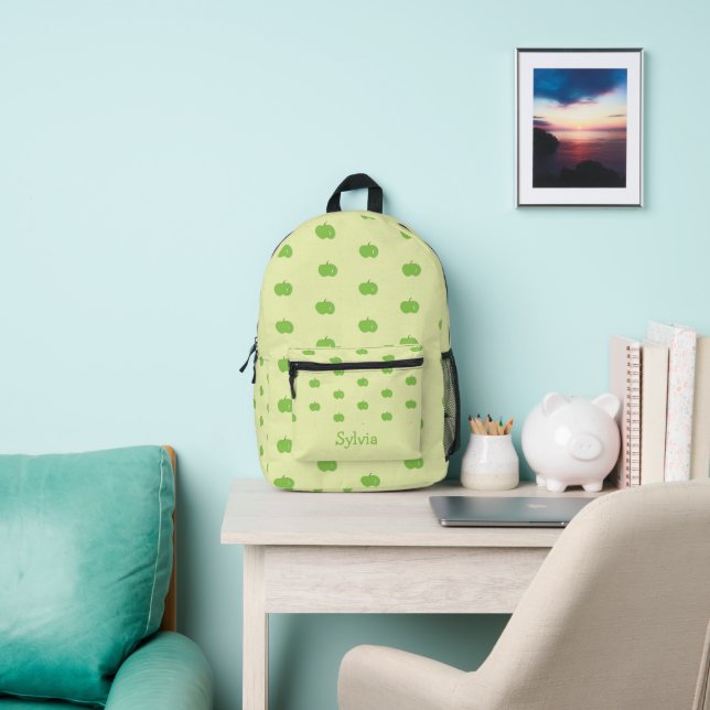 Green apples pattern monogram printed backpack (Insitu)