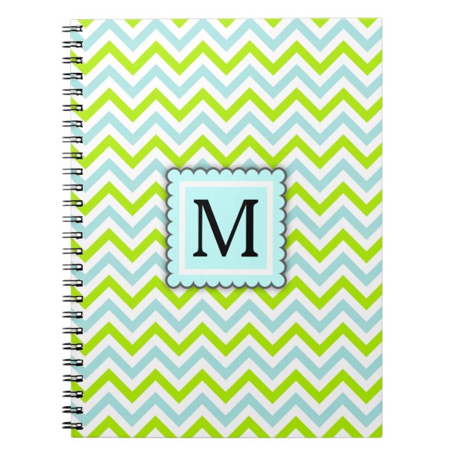 Green & Aqua Blue Chevron Custom Monogram Spiral Notebook (Front)