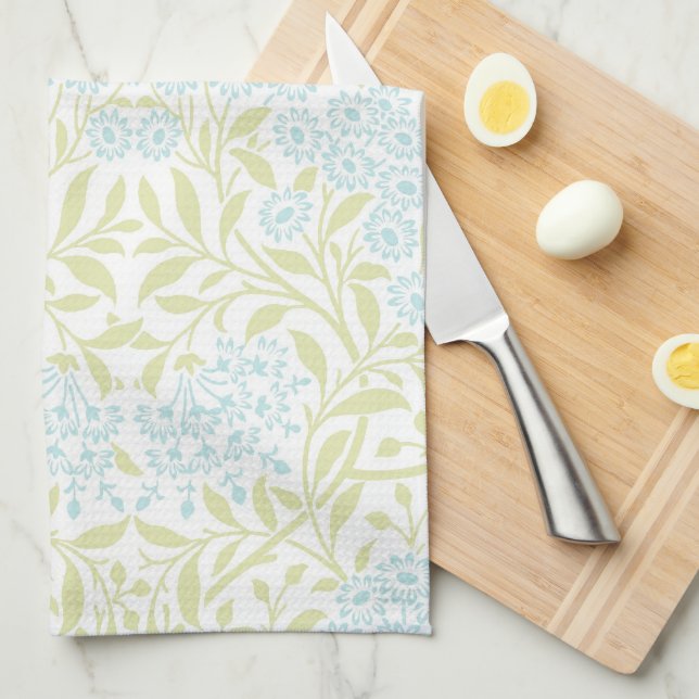 Green Aqua Floral Damask Pattern Tea Towel (Quarter Fold)