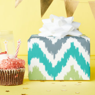 Green Aqua Grey Zigzags Ikat Pattern Wrapping Paper