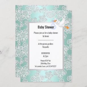 GREEN AQUA LACE DETAIL WHITE STORK BABY SHOWER INVITATION