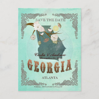 Green Aqua Save The Date -GA Map With Lovely Birds Announcement Postcard