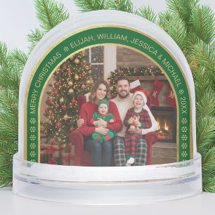 Green Arch Christmas Family Photo Faux Gold Foil Snowglobe