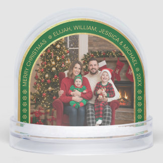 Green Arch Christmas Family Photo Faux Gold Foil  Snowglobe