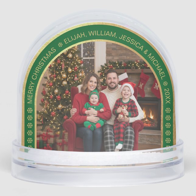 Green Arch Christmas Family Photo Faux Gold Foil  Snowglobe (Front)