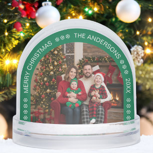 Green Arch Family Photo Merry Christmas Snowflakes Snowglobe