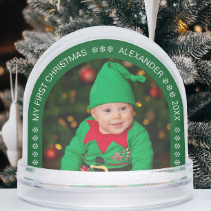 Green Arch First Christmas Baby Photo Snowflakes Snowglobe