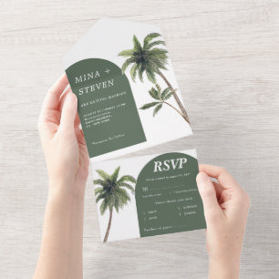 Green arch palm tree wedding  all in one invitation