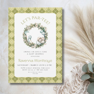 Green Argyle Golf Floral Wreath Baby Shower Invitation