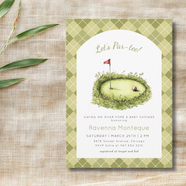 Green Argyle Golf Hole Lets Par Tee Baby Shower Invitation (Creator Uploaded)
