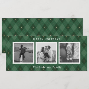 Green Argyle Holiday Classic Pattern Three Photos Invitation