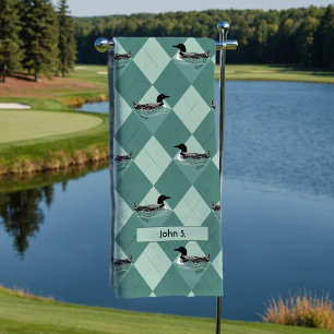 Green Argyle Pattern Swimming Loon Lake Birds Name Golf Towel