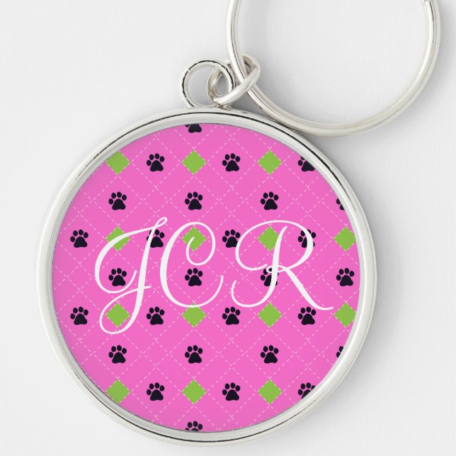 Green Argyle Paw Prints Key Ring (Front)