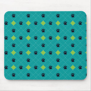 Green Argyle Paw Prints Mouse Pad