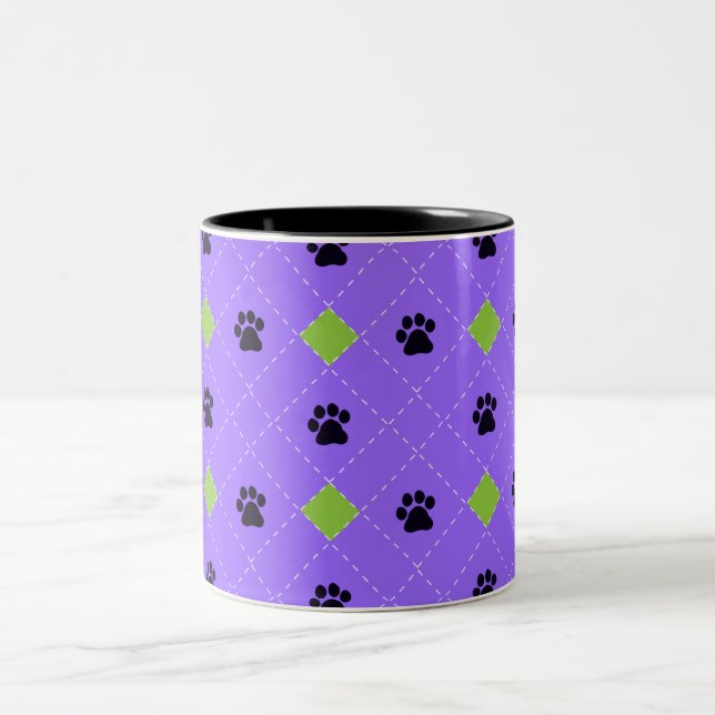 Green Argyle Paw Prints Two-Tone Coffee Mug (Center)